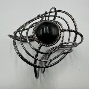 3/$30 Black Acrylic Cabochon Cuff Bracelet Hammered Wire Sculptural Statement